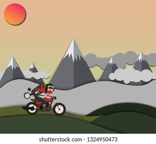 Moto racers riding on mountainous, drive a motorcycle, summer adventure, extreme sport, travel, active lifestyle, vacation concept - Vector