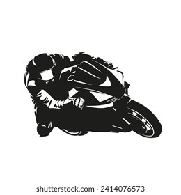 Moto racing logo, isolated vector silhouette. Motorcycle rider on road motorbike