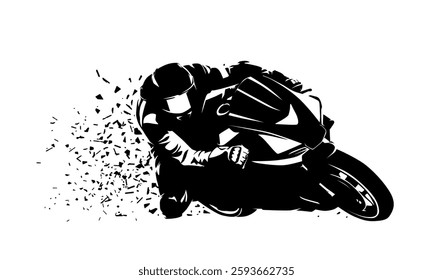 Moto racing logo, isolated vector silhouette with distortion effect. Motorcycle rider on road motorbike, high contrast clipart