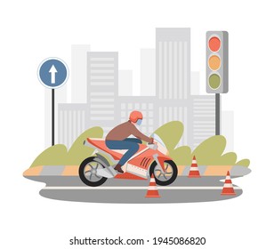 Moto school vector flat illustration. Man riding on motorbike between caution cones, practicing driving, learn rules to pass driving exams. Motorcycle driving lessons with road sign and traffic light.