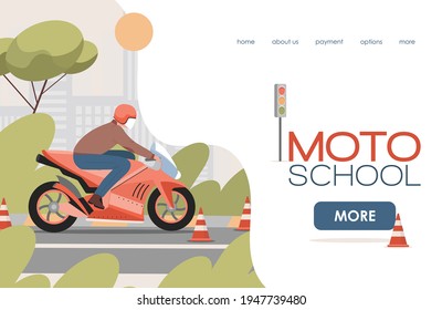 Moto school vector flat landing page template with text space. Man riding on motor bike between caution cones, practicing driving, learn rules to pass driving exams. Motorcycle driving lessons design.