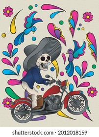 moto skull mexican traditional vector