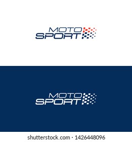 Moto sport logo. Dynamic slogan with racing flag. Vector label.