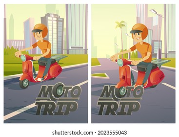 Moto trip posters with man on scooter on city road