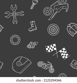 Moto - Vector background (seamless pattern) of motorcycle, engine, wheel, helmet and other parts and accessories symbols for graphic design