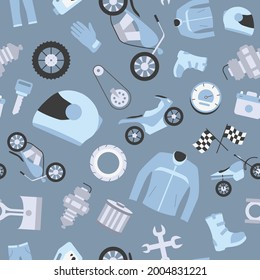 Moto - Vector color background (seamless pattern) of motorcycle, engine, wheel, helmet and other parts and accessories symbols for graphic design
