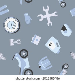 Moto - Vector color background (seamless pattern) of motorcycle, engine, wheel, helmet and other parts and accessories symbols for graphic design