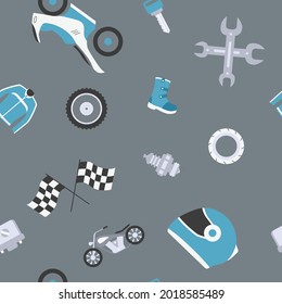 Moto - Vector color background (seamless pattern) of motorcycle, engine, wheel, helmet and other parts and accessories symbols for graphic design