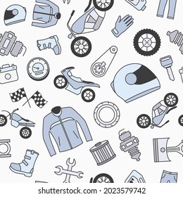 Moto - Vector color background (seamless pattern) of motorcycle, engine, wheel, helmet and other parts and accessories symbols for graphic design