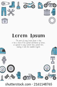 Moto - vertical card with text and vector color illustrations of motorcycle, engine, wheel, helmet and other parts and accessories symbols for graphic design