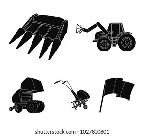 Motoblock and other agricultural devices. Agricultural machinery set collection icons in black style vector symbol stock illustration web.