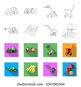 Motoblock and other agricultural devices. Agricultural machinery set collection icons in outline,flet style vector symbol stock illustration web.