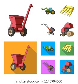 Motoblock and other agricultural devices. Agricultural machinery set collection icons in cartoon,flat style vector symbol stock illustration web.