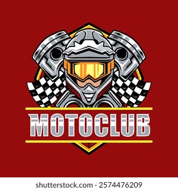 Motoclub Extreme Sport with Helmet and Piston Logotype Vector Illustration for sticker emblem t-shirt banner invitation poster