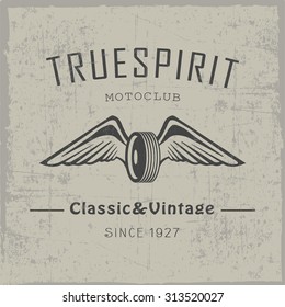 Motoclub label with hand drawn wings and wheel in the center