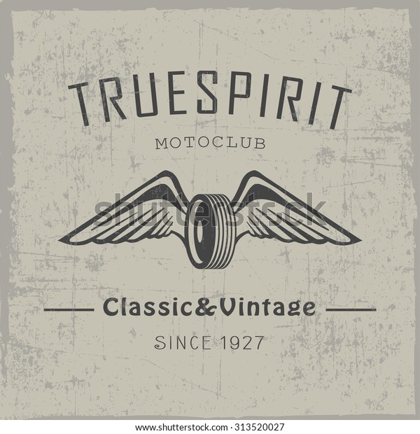 Motoclub label with hand drawn wings and wheel in\
the center
