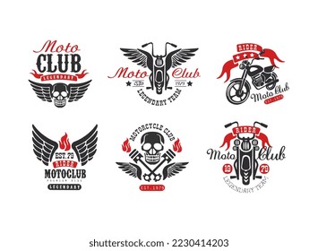 Motoclub, legendary team retro badges set. Biker club, motorcycle repair shop, t-shirt print vintage labels vector illustration