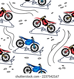 motocross bike cartoon pattern design .dirty bike pattern for kids clothing, printing, fabric ,cover.Monster car seamless pattern. Racing game