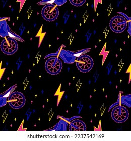 motocross bike neon cartoon pattern design.Motor bike on black background seamless pattern. Racing game.