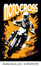 Motocross competition poster with motocross rider on dirt track, grunge background, halftone effect. Vector illustration