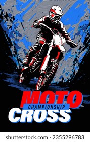 Motocross competition poster with motocross rider on dirt track, grunge background, halftone effect. Vector illustration