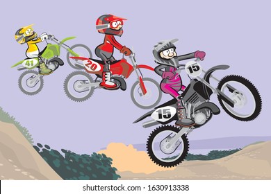 Motocross competitors jump boldly on the dirt track, flying swiftly with their powerful motorbikes in a risky competition. Cartoon style vector illustration Available in EPS 10.