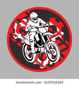 Motocross Dirt Bike Red and Black with Tire Trail and Gear Emblem Vector