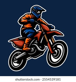 motocross dirtbike supermoto isolated colored drawing line art style sketch classic vintage design illustration