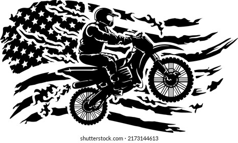 Motocross Distressed American Flag illustation, Motocross Sports vector, Usa Flag