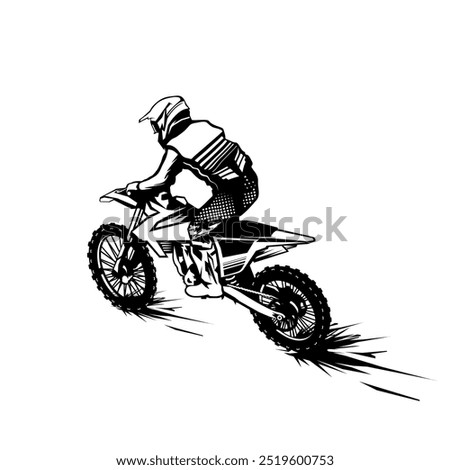 motocross drifting rider side view left rear black and white vector line art