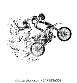 motocross freestyle rider jumps black white fade side view line art vector illustration