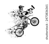 motocross freestyle rider jumps forward body side view black and white fade out line art vector illustration