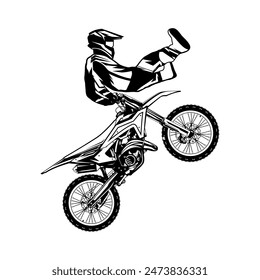 motocross freestyle rider jumps forward side view black and white line art vector illustration