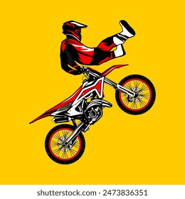 motocross freestyle rider jumps forward side view vector illustration