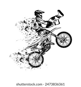 motocross freestyle rider salta hacia adelante vista lateral de la carrocería en blanco y negro desvanecer la línea de arte Ilustración vectorial