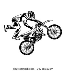 motocross freestyle rider jumps line art black and white side view line art vector illustration