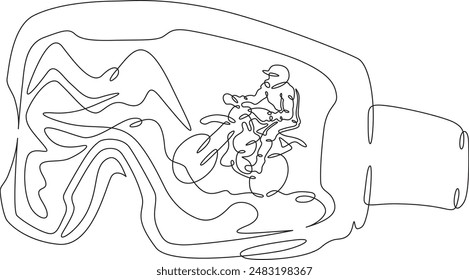 Motocross glasses. A sportsman motorcyclist rides on the track. Reflection of a biker in glasses. One continuous line drawing on a white isolated background. Minimalism linear illustration.