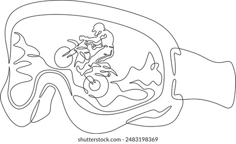 Motocross glasses. A sportsman motorcyclist rides on the track. Reflection of a biker in glasses. One continuous line drawing on a white isolated background. Minimalism linear illustration.