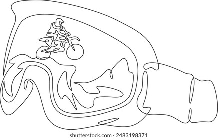 Motocross glasses. A sportsman motorcyclist rides on the track. Reflection of a biker in glasses. One continuous line drawing on a white isolated background. Minimalism linear illustration.