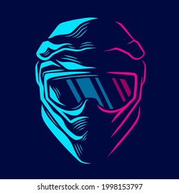 Motocross helmet trail fullface adventure line pop art potrait logo colorful design with dark background. Abstract vector illustration.Isolated black background for t-shirt, poster, clothing, merch