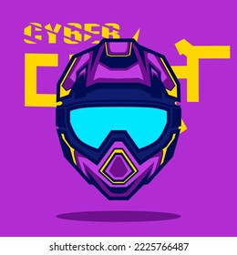 Motocross helmet trail fullface adventure logo. Colorful design with cyberpunk background. Abstract vector illustration. Isolated black background for t-shirt, poster, clothing, merch, apparel, badge