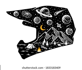 Motocross helmet and universe illustration