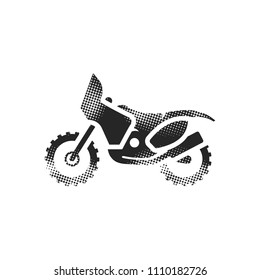 Motocross icon in halftone style. Black and white monochrome vector illustration.
