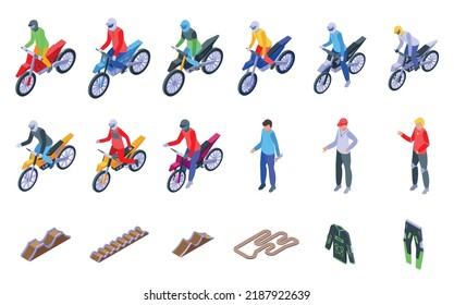 Motocross Icons Set Isometric Vector. Jump Competition. Action Race