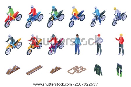 Motocross icons set isometric vector. Jump competition. Action race