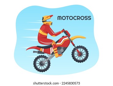 Motocross Illustration with a Rider Riding a Bike Through Mud, Rocky Roads and Adventure in Extreme Sport Flat Cartoon Hand Drawn Template