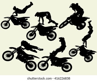 motocross jumping riders, freestyle, isolated silhouettes vector set 