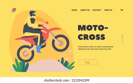 Motocross Landing Page Template. Man Motorcycle Rider Extreme Activity, Competition. Speed Racing, Rally. Biker Male Character Riding Motorbike Take Part in Tournament. Cartoon Vector Illustration