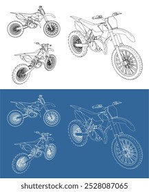  motocross line art draw blueprint wireframe from all view top corner side back isolated in transparent background 