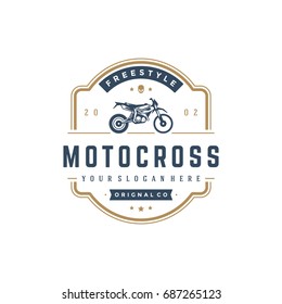 Motocross logo template vector design element vintage style for label or badge retro illustration. Motorcycle silhouette.